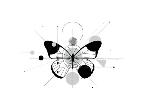 butterfly representing inner transformation, abstract circles thin lines and geometric shapes creating calm harmony, black and white butterfly floating like