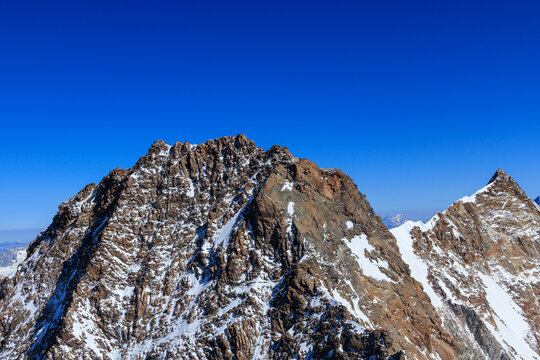 Mountain glacier panorama of Monte Rosa massif with summits Dufourspitze (left) and Nordend (right) seen from Zumsteinspitze in Pennine Alps, Switzerland