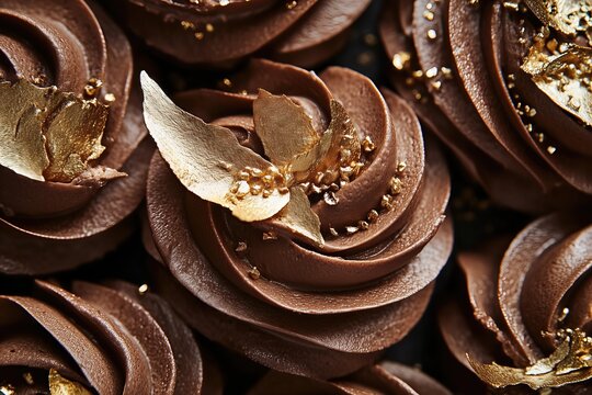 Chocolate cream rosettes with gold decoration close up