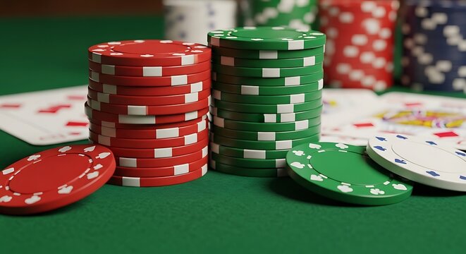 Close-up of poker chips stacked on a green felt table with playing cards