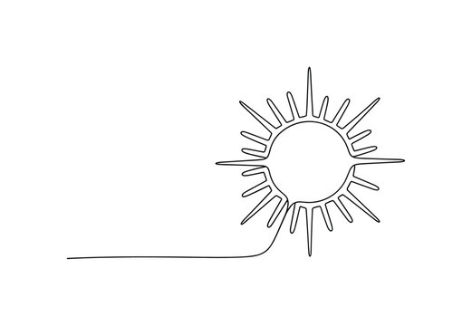 Solar Radiance Mark. Minimalistic one-line drawing sun circle with smooth outward rays creating minimalist solar sign, continuous single black line on white