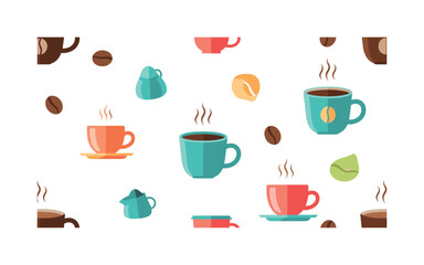 Obraz premium coffee cups and beans seamless pattern, repeating pattern, surface design, textile print, soft color palette, modern illustration, flat vector coffee cups,