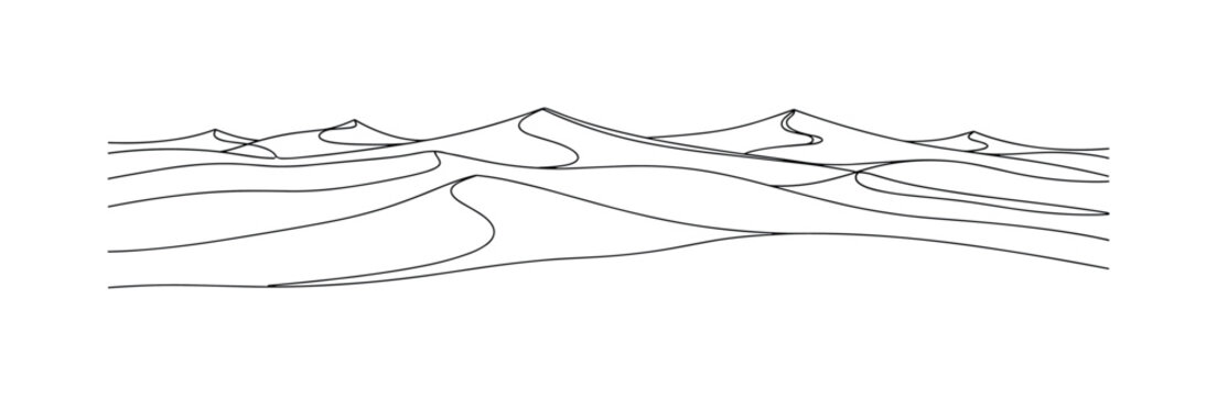 Minimal Desert Dunes. Minimalistic one-line drawing flowing layered dune waves stretching across horizon, continuous single black line on white background,