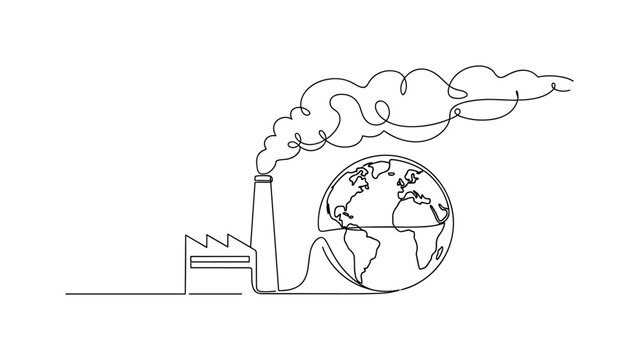 Industrial Pollution Worldwide. Minimalistic one-line drawing factory connected to globe with smoke flowing around it, continuous single black line on white
