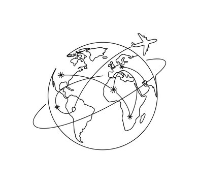 Global Travel Transit. Minimalistic one-line drawing globe with airplane circling and connecting multiple locations, continuous single black line on white