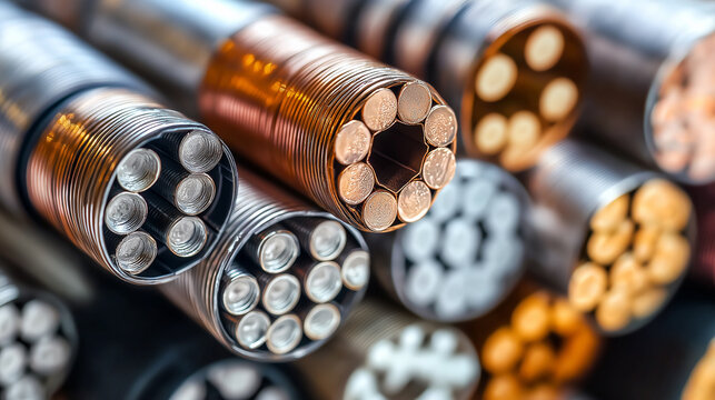 Macro shot of industrial power cables cross-section showing copper and aluminum wires, Close-up view of various high-voltage electrical cables in a bundle, generative ai