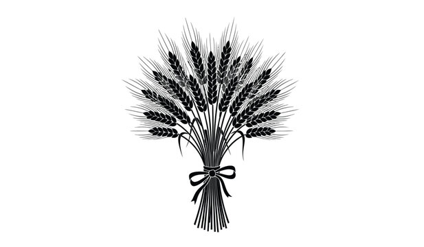 Silhouette of a bouquet of wheat tied with a ribbon on a white background