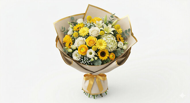 3d isomorphic bouquet of yellow and white flowers. 