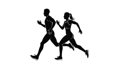 Fototapeta premium Silhouette of a man and woman running together in a side view
