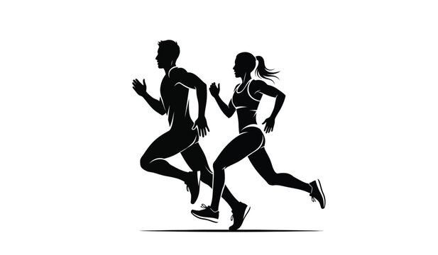 Silhouette of a man and woman running together in a fitness silhouette