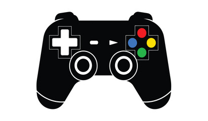A silhouette of a video game controller with colorful buttons and a white cross © Itz
