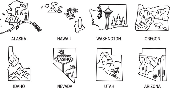 Hand-Drawn Line Art Western US State Maps Concept, Hand Drawn Vector Set of Western US State Maps with Iconic Landmarks for Travel Concept