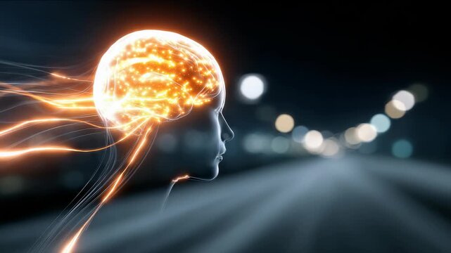 A side profile of a person&rsquo;s head is depicted with illuminated neural pathways, representing AI and cognitive computing. The background features a blurred cityscape, emphasizing modern technology