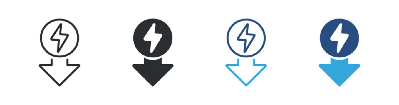 Save energy icon set ,  Low power consumption symbol with lightning and down arrow , Vector Illustration