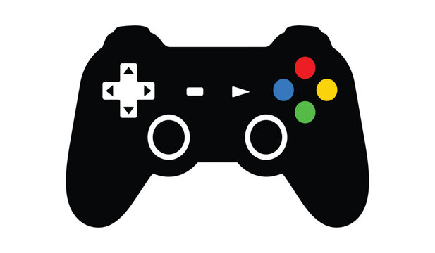 A silhouette of a standard video game controller with colored buttons and directional pad