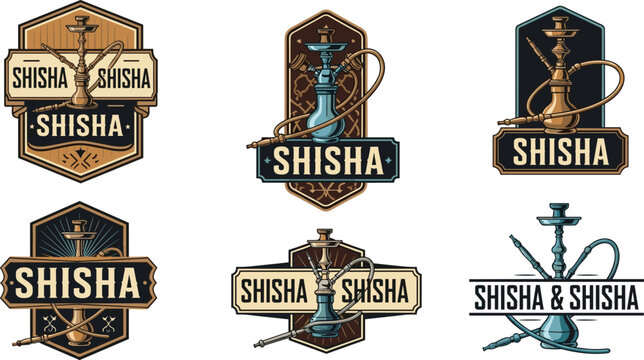 Vintage Shisha Icon Set Featuring Retro Shisha and Hookah Logos for Lounge, Caf&eacute;, and Smoking Lounge Graphic Projects