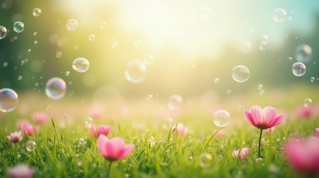 A field of flowers with bubbles floating in the air 
