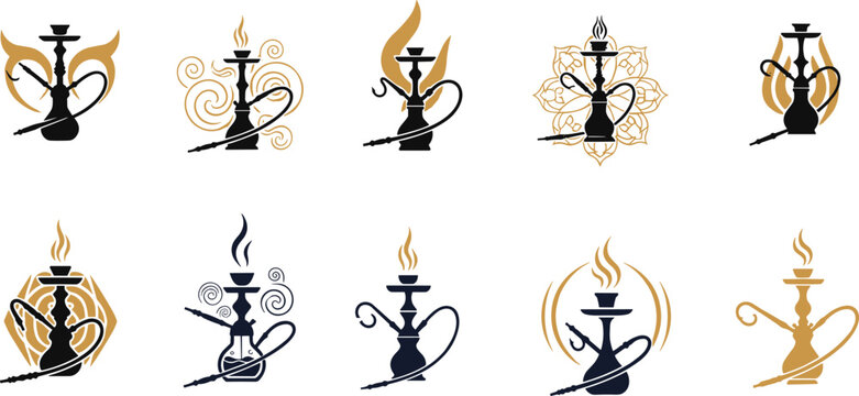 Hookah Icon Set Featuring Elegant Shisha Designs for Lounge, Caf&eacute;, and Relaxation Themed Graphic Projects