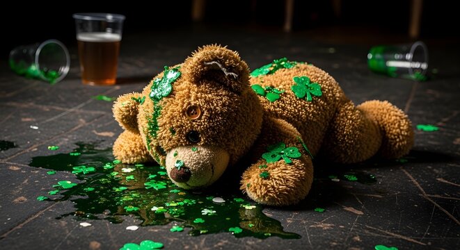 St. Patrick's Day Aftermath: Messy Teddy Bear with Spilled Green Beer