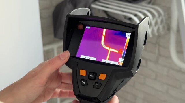 A woman checks radiators with a thermal imager. Searching for the source of heat loss.