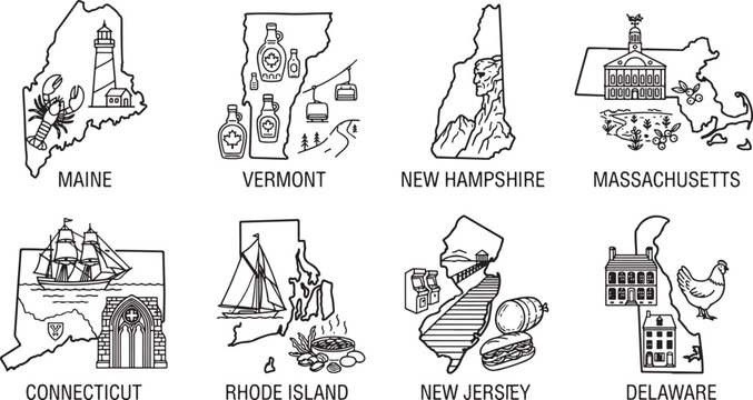 Hand-Drawn Line Art Northeast US State Maps Concept, Hand Drawn Vector Set of Northeast US State Maps with Iconic Landmarks for Travel Concept