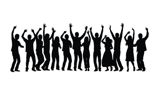 A group of people in silhouette celebrating with raised arms in unison