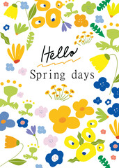 Naklejka premium Hello spring days card. Trendy Spring card, banner, poster, flyer, label or cover with flowers frame, abstract floral pattern in art style. Spring summer bright abstract floral design.