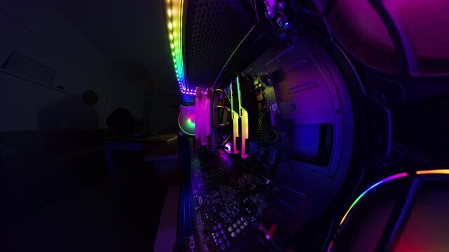A wide-angle, close-up view inside a gaming PC, showcasing vibrant RGB lights, cooling fans, and detailed hardware components. The brightly glowing interior contrasts with the dark surrounding environ