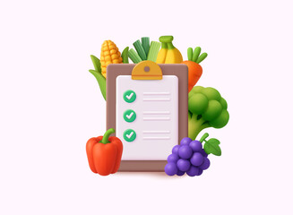 Naklejka na ściany i meble 3D illustration of healthy food with checklist clipboard. Concept of diet planning, nutrition, healthy lifestyle and balanced eating.
