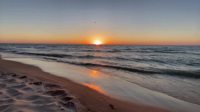 Sun sets over ocean waves crashing on sandy beach shore with bird flying in cinematic view.