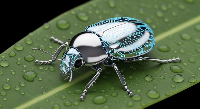 Futuristic robotic beetle with circuit board design on leaf, water droplets, dark background