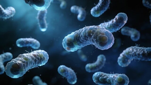 Microscopic view of bacteria in a dark environment. The scene features various shapes and sizes of bacteria, illuminated by blue light.