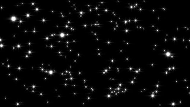 Twinkling stars glow fields flying in galaxy space with starburst light, white cartoon blinking stars and retro vector elements, 4K luxury starry night sky animation for creative video projects
