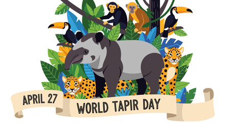 Obraz premium Brazilian wildlife collection including tapir, jaguar, monkey and toucan celebrating World Tapir Day, isolated on transparent background