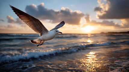 Fototapeta premium Solitary seagull soaring above ocean waves during peaceful sunset, freedom and beauty of nature's rhythms in perfect coastal moment, defocused water background, with copy space