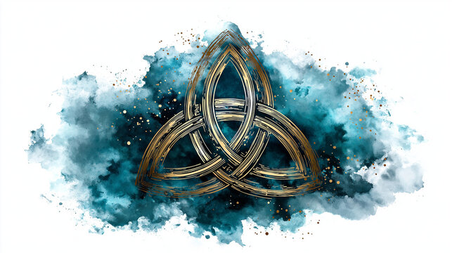 Triquetra symbol of Holy Trinity sacred geometry illustration, digital watercolor painting on white background, representing trinity and three divine aspects of Christianity and