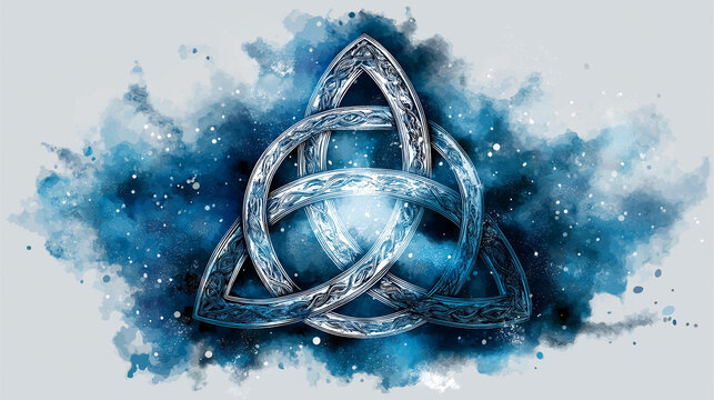 Triquetra symbol of Holy Trinity sacred geometry illustration, digital watercolor painting on white background, representing trinity and three divine aspects of Christianity and