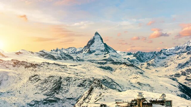 Time lapse of Matterhorn mountain at sunset, Switzerland.