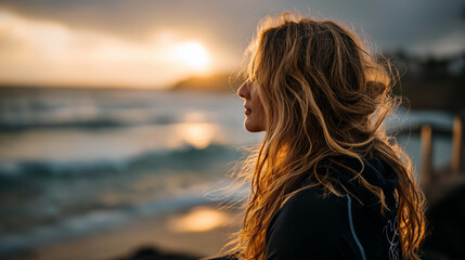 Fototapeta premium Faceless female surfer silhouette backlit against sea waves during golden sunset, freedom and adventure of surfing lifestyle captured in warm light, defocused background, with
