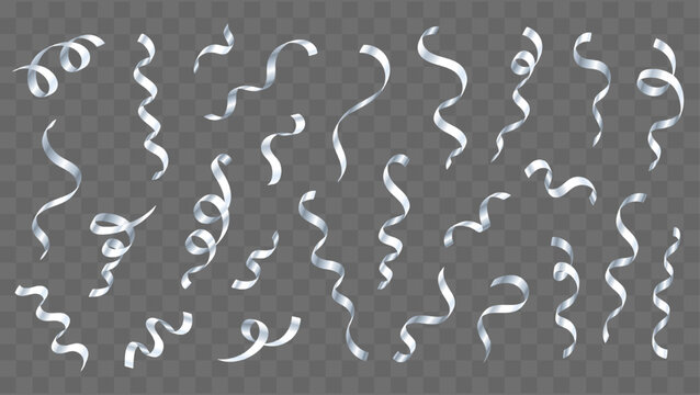 Set of falling glossy spiral curled tinsel, silver festive confetti for party, celebration. Set of 3d realistic foil party streamers, coil ribbon serpentine isolated on transparent background