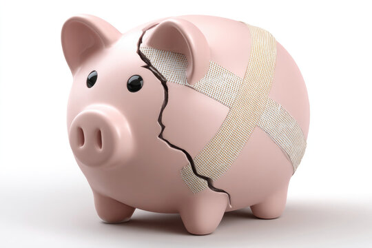 Piggy bank with a crack and a plaster on a light background.