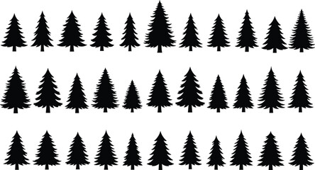 Black silhouettes of various pine trees on white background tree silhouettes black trees coniferous trees © MdSamiul