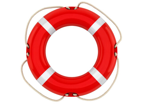 Isolated red and white lifebuoy with a rope, essential marine safety equipment 3D render
