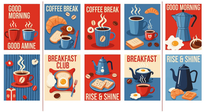 Collection of colorful breakfast and coffee themed tiles.