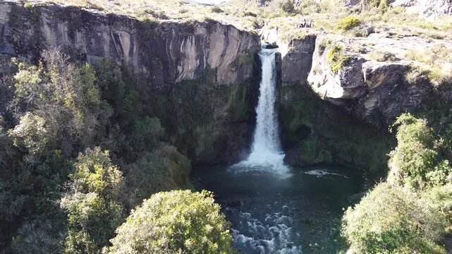 Aerial view from the air of the Fire Waterfall, Pita River, Cotopaxi, Ecuador.