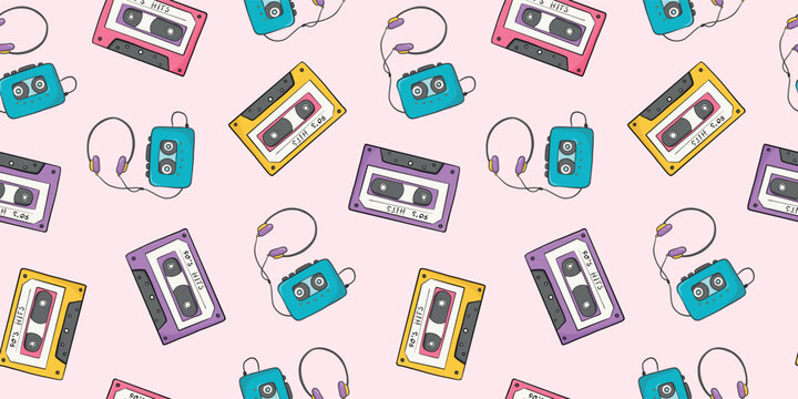 Cassettes and walkman players doodles retro seamless pattern for wallpapers, textile prints, wrapping paper, stationery, packaging, digital paper, etc. EPS 10