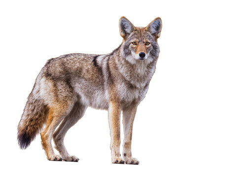 Isolated North American coyote standing alertly, gazing forward with intense golden eyes
