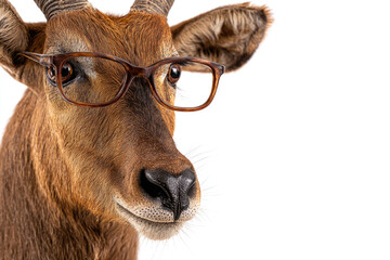 Fototapeta premium Antelope with glasses close-up on white background. Space for text.