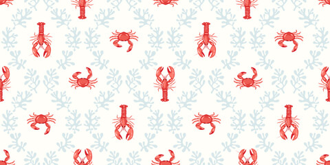 Coastal, beach, seaside home decor concept, marine life, nautical themed seamless pattern design. Seafood on white background with lobsters, crabs pale blue coral lattice motif.  Summer texture  © LilaloveDesign