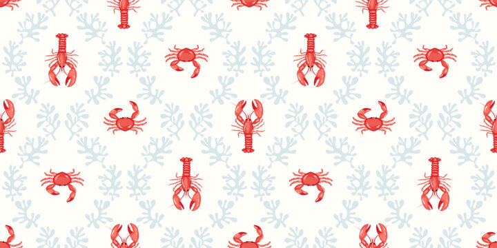 Coastal, beach, seaside home decor concept, marine life, nautical themed seamless pattern design. Seafood on white background with lobsters, crabs pale blue coral lattice motif.  Summer texture 